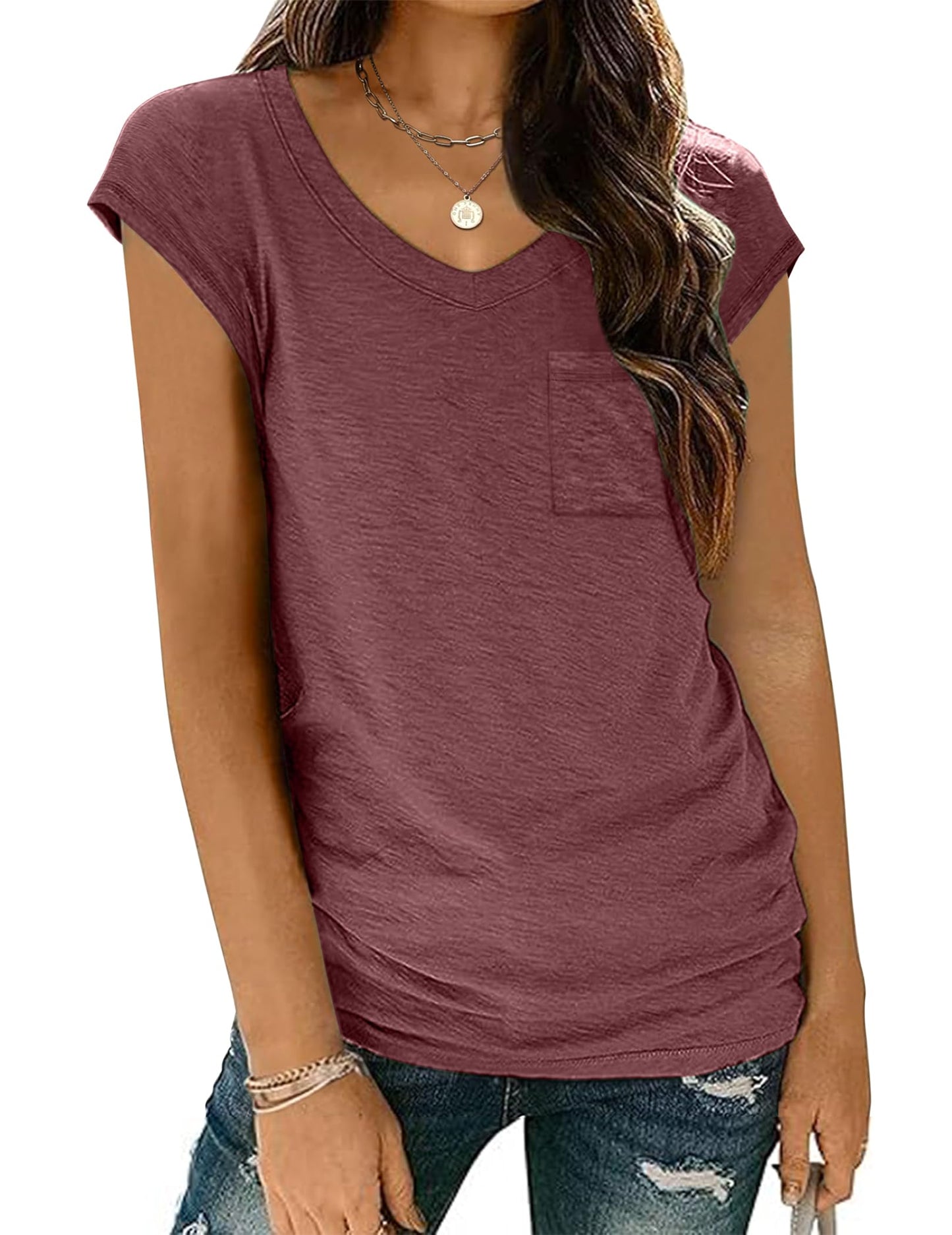 Zeagoo Women's Basic V-Neck T-Shirt with Wing Sleeves