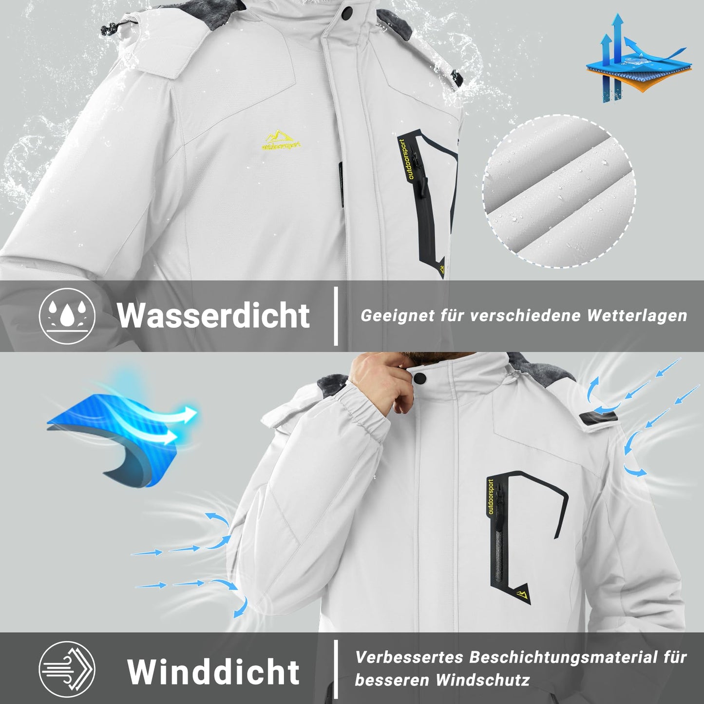 KEFITEVD Herren Skijacke Atmungsaktiv Warm Gefüttert Winterjacke mit Abnehmbarer Kapuze Snowboardjacke Wasserdicht Outdoorjacke
