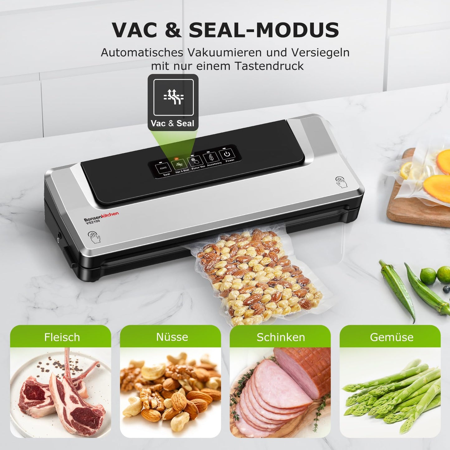 Bonsenkitchen Vakuumiergerät, Vakuumierer Folienschweißgerät für Sous Vide Kochen und Lebensmittel Bleiben bis zu 6x Länger Frisch, 40 Vakuumbeutel Inklusive (Sliber)