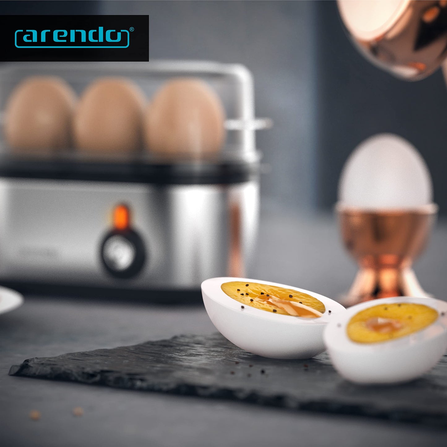 Arendo - Edelstahl Eierkocher Threecook - Egg Cooker - EIN AUS-Schalter - Wählbarer Härtegrad - 210 W - 1-3 Eier - GS - BPA-frei