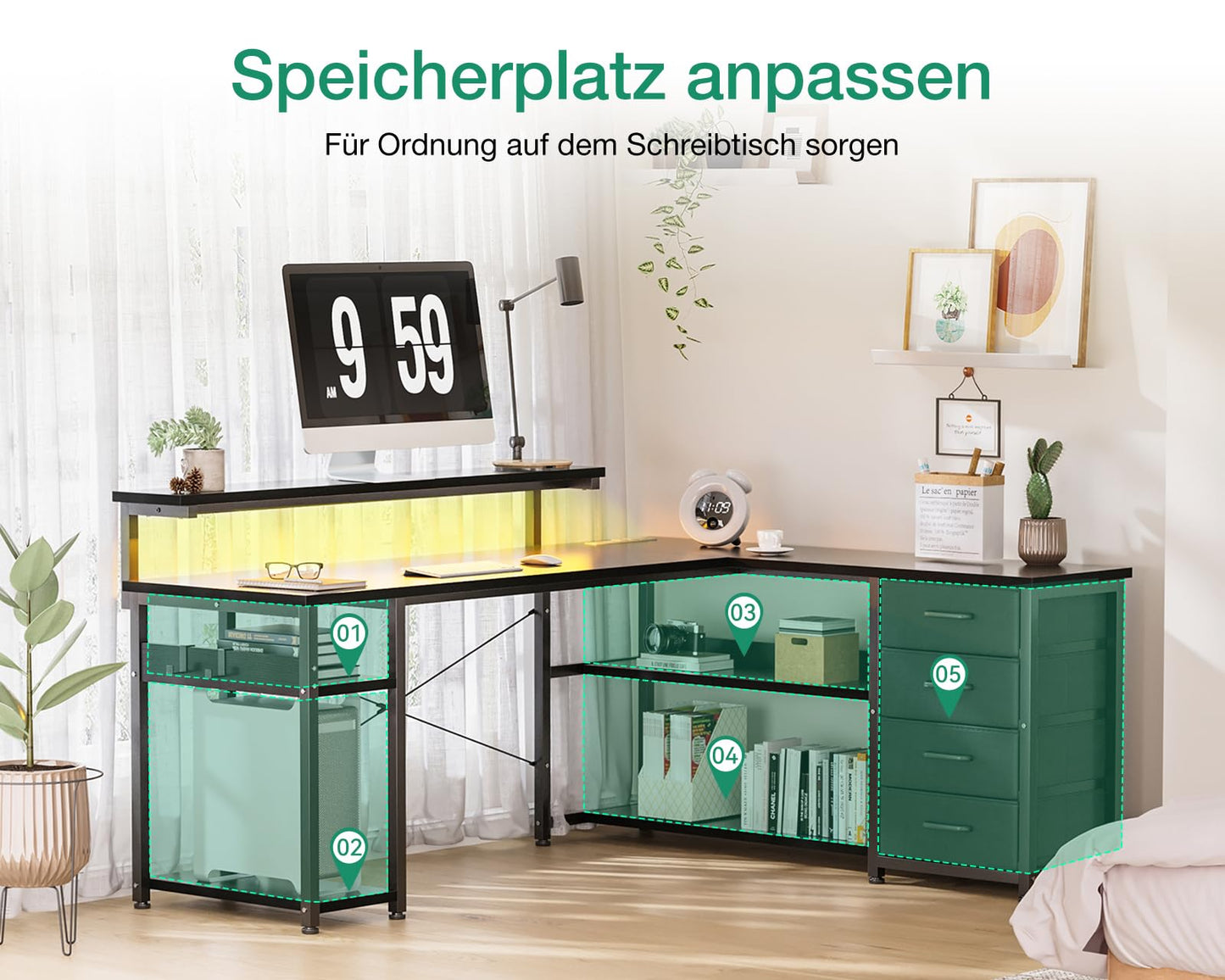 ODK Schreibtisch mit Schubladen, Reversible Eckschreibtisch mit 2 Steckdosen und 2 USB Ladeanschluss, Bürotisch L Form mit LED für Home Office 135×110cm (Schwarz)