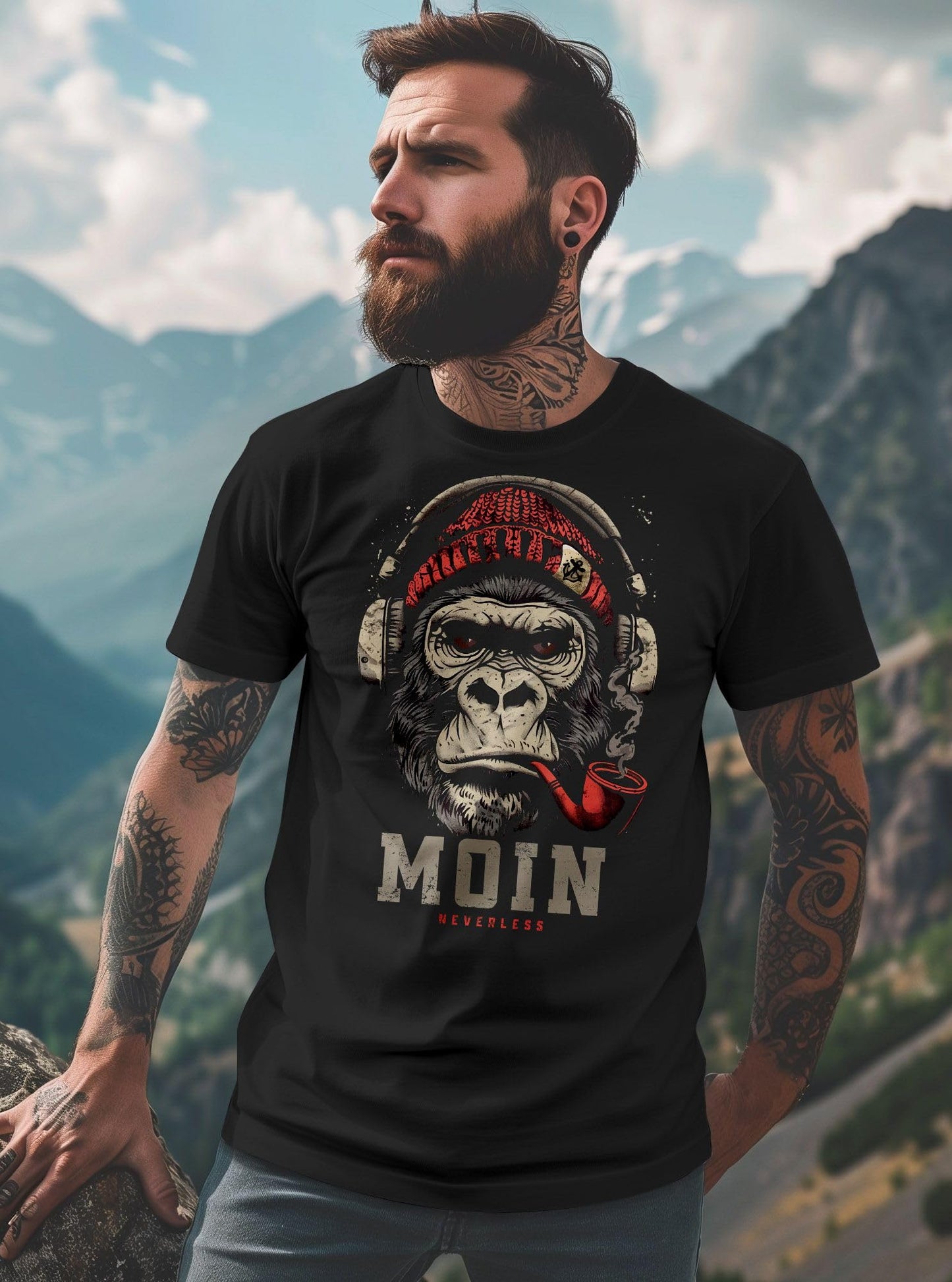 Neverless® Men's T-Shirt – "Moin" Gorilla Music Front Print