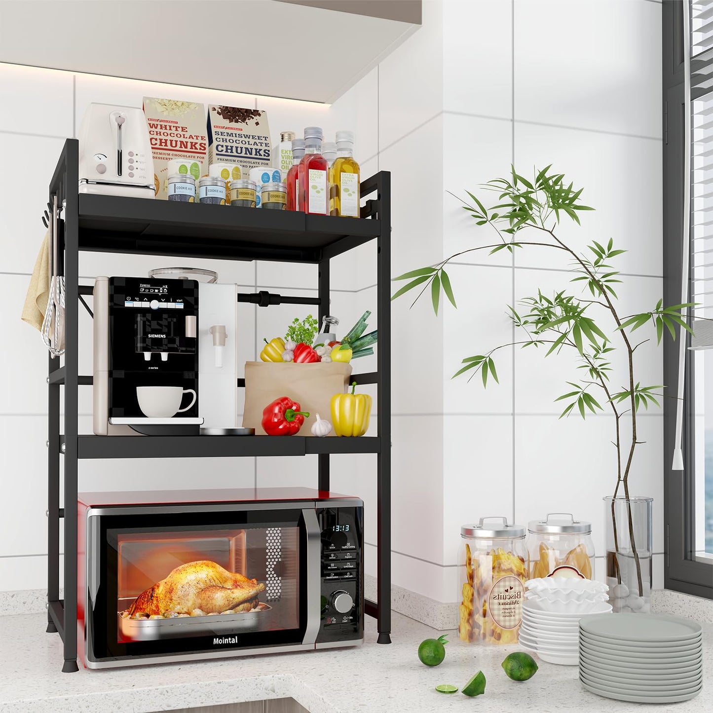 Mointal Verstellbares Mikrowellenregal, 2-Stufig Erweiterbares Küchen Mikrowelle Ständer Regal, Mikrowellenhalter aus Kohlenstoffstahl, Küchenaufbewahrung Organizer mit 8 Haken, Schwarz