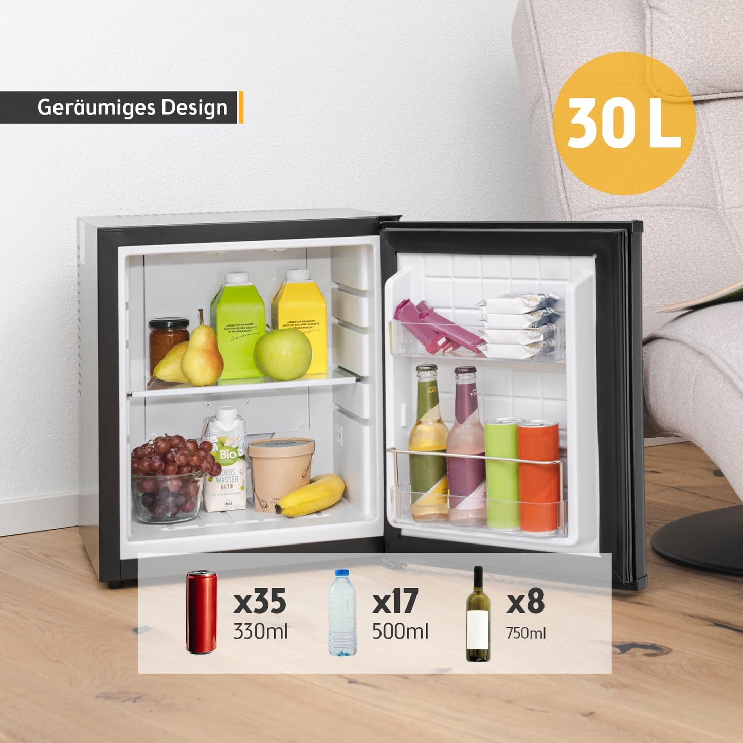 TZS First Austria - Mini fridge with lock, EEK A+, minibar, 0 dB noiseless, silent, bedroom, door hinges can be changed, approx. 4°C - 16°C, height 57cm, effective volume 35 L, interior lighting