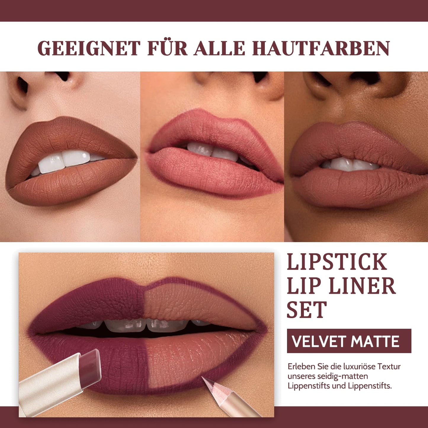 Lipstick Lipliner Set Matte Lipstick Lip Liner Long-Lasting Waterproof Vegan Gluten-Free (Nude Brown Shades)