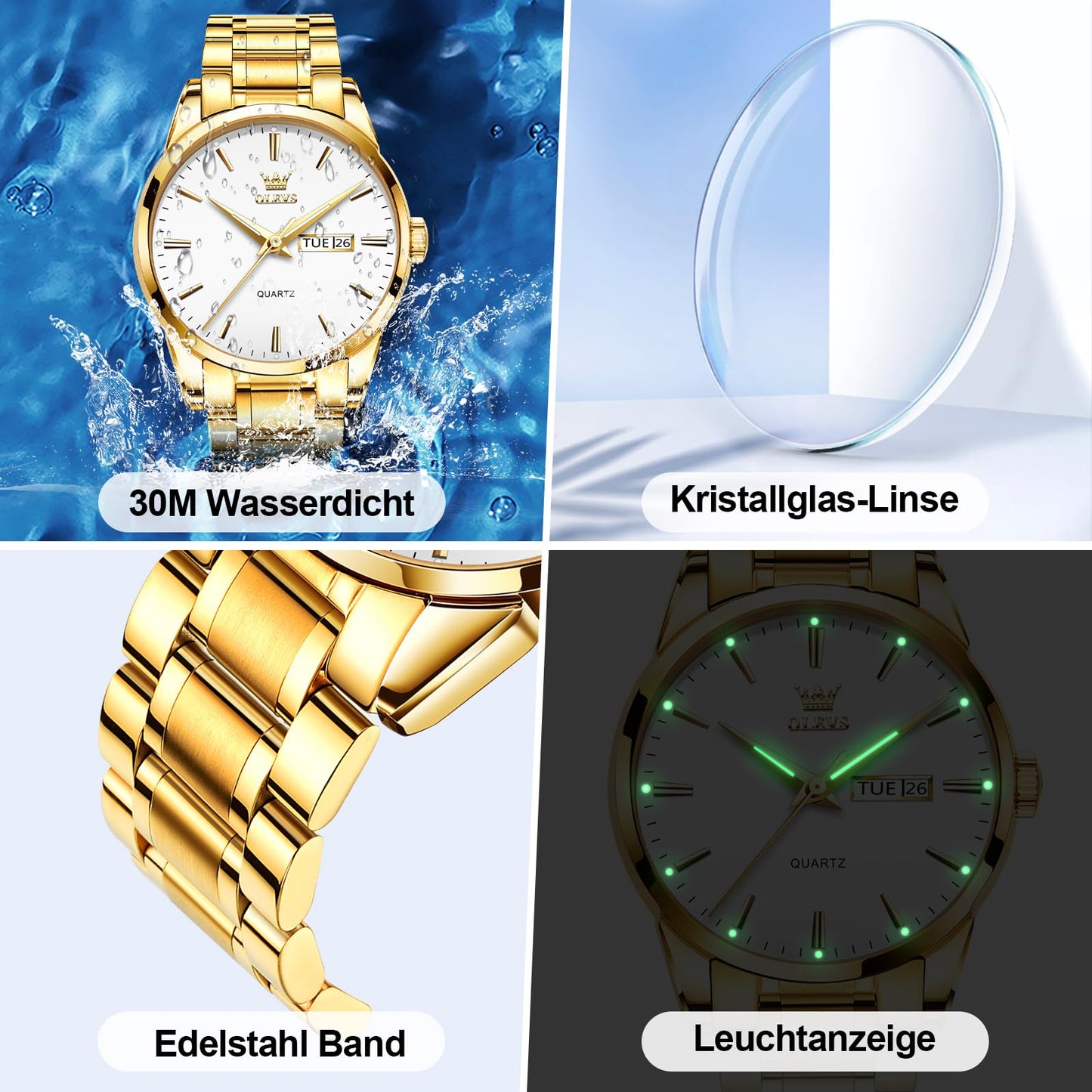 OLEVS Uhren Herren, Analoge Quarz Leucht Armbanduhr, wasserdichte Datum Edelstahl Herrenuhr, Klassische Mode Business Freizeituhren, Elegantes Geschenk für Männer
