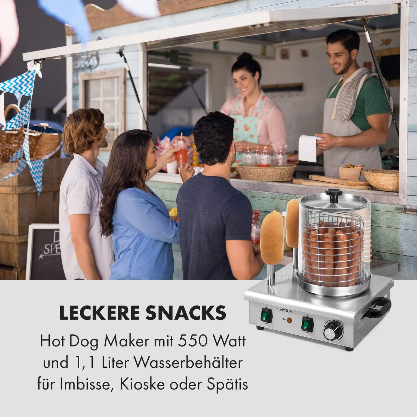 Klarstein Wurstfabrik Pro 550 Hot Dog Maker, 550 Watt, 2 Heizspieße, Temperaturregler 30-100 °C, Glaszylinder: Ø 20 cm, Edelstahlkäfig: Ø 17 cm, Edelstahlgehäuse,Profi Würstchenkocher, silber