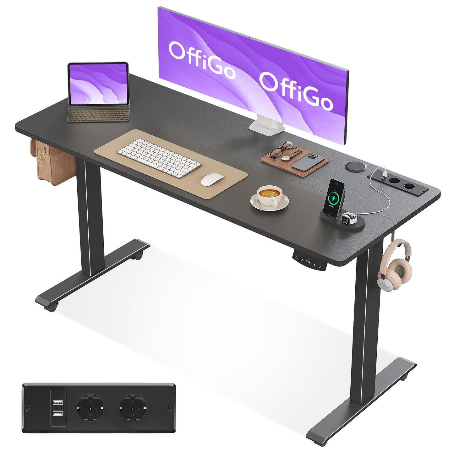 OffiGo Höhenverstellbarer Schreibtisch, 180cm, Elektrischer Schreibtisch mit USB, Schreibtisch Höhenverstellbar mit 2 Memory Funktion, Tisch Höhenverstellbar für Büro, Zuhause, Gaming, Schwarz