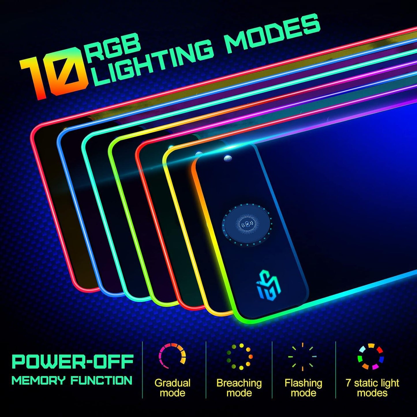 RGB Gaming Mauspad 15W Qi Mousepad LED, 10 Beleuchtungsmodi mit 15W Schnellladung Qi Kabelloses Laden für I-Phone Handy, Kopfhörer, Wasserdicht, rutschfest für Gaming, Schreibtische, PC und Büro