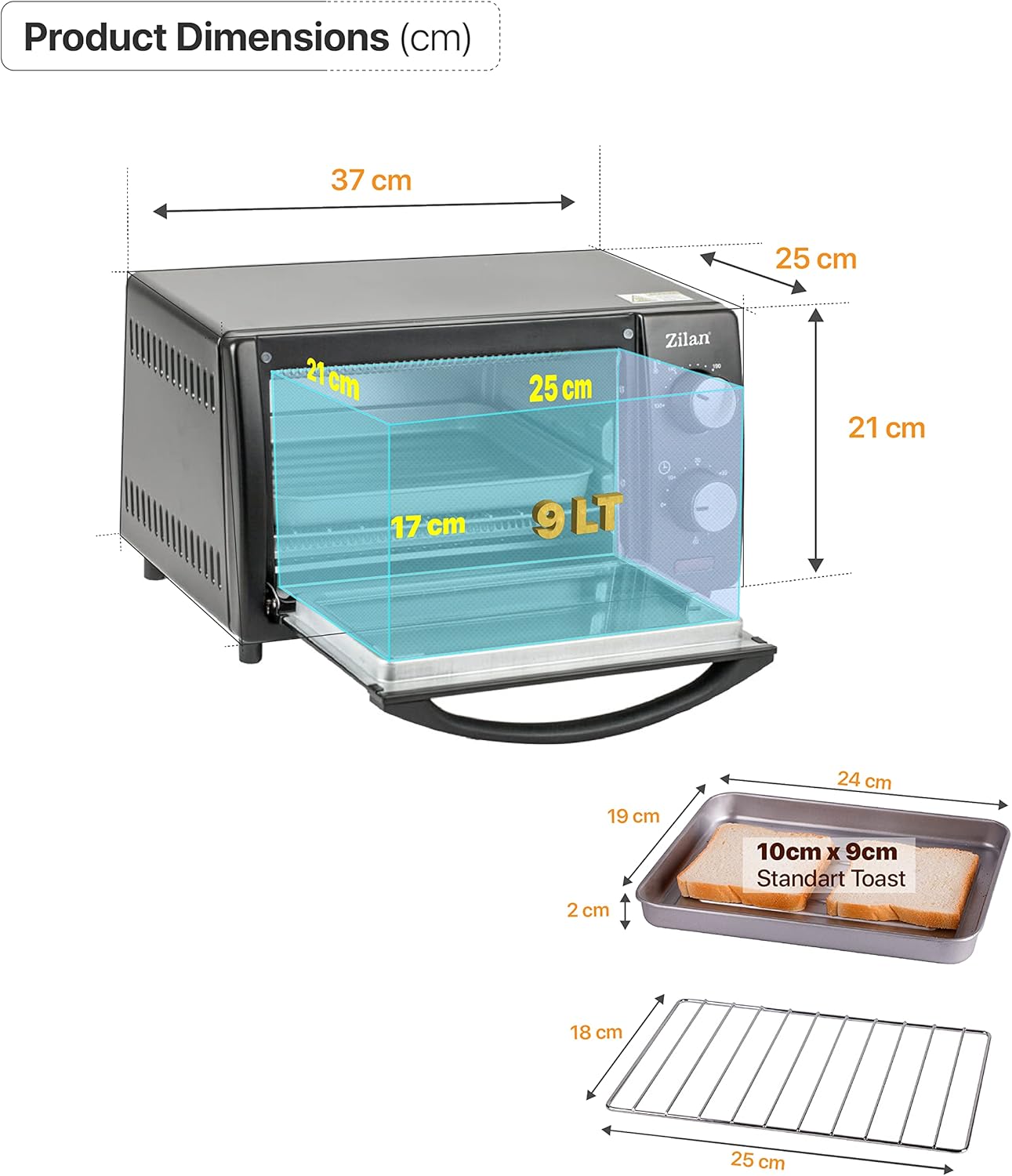 Zilan Elektro-Backofen, 9 l, Doppel-Sicherheitsglas, Timer, 2-teilig, Quarzwiderstand, Krümelplatte, 1 quadratische Platte, verchromtes Grill, 800 W