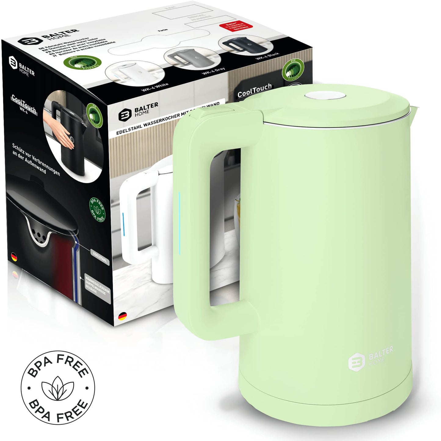 Balter Wasserkocher Edelstahl WK-4, 1,7 Liter, elektrischer Wasserkocher, Doppelwand Design, BPA frei, LED, Teekocher Kompakt, leise (Schwarz)