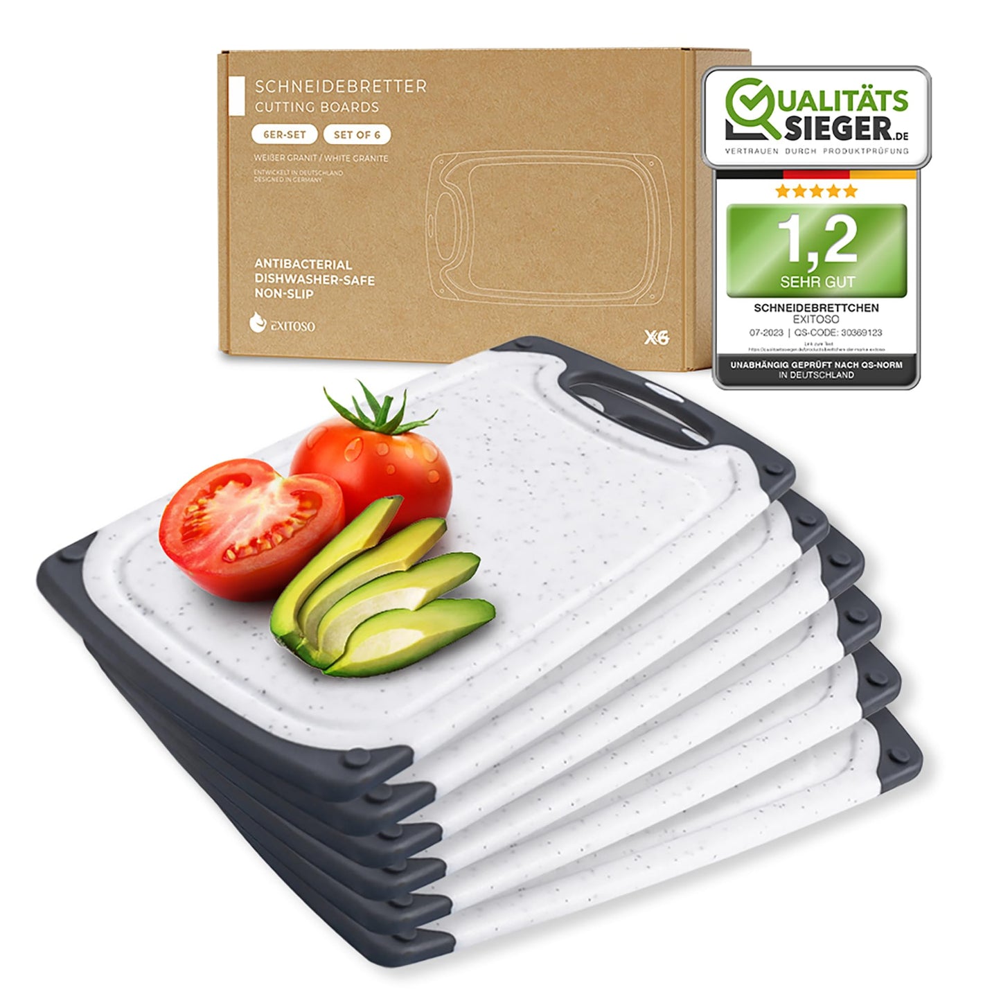 Exitoso 3-Piece Innovative Chopping Board Set | Non-Slip with Juice Groove and Handle | Dishwasher Safe | Antibacterial | Grey/Black Plastic