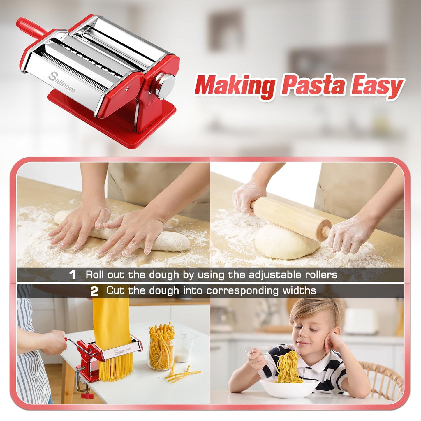 Nudelmaschine Pasta Maker Edelstahl Frische Manuell Pasta Walze Maschine Cutter mit Klemme für Spaghetti Nudeln Lasagne Bestes Pastamaschine Geschenk, Einfache Reinigung und Verwendung