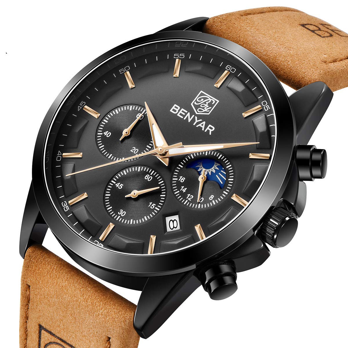 BY BENYAR Uhren Herren Chronograph Analog Quarz Wasserdicht Armbanduhr Herren Mode Lässig Business Herrenuhr mit Kalender Lederarmband/Edelstahlarmband Uhr Geschenk für Männer