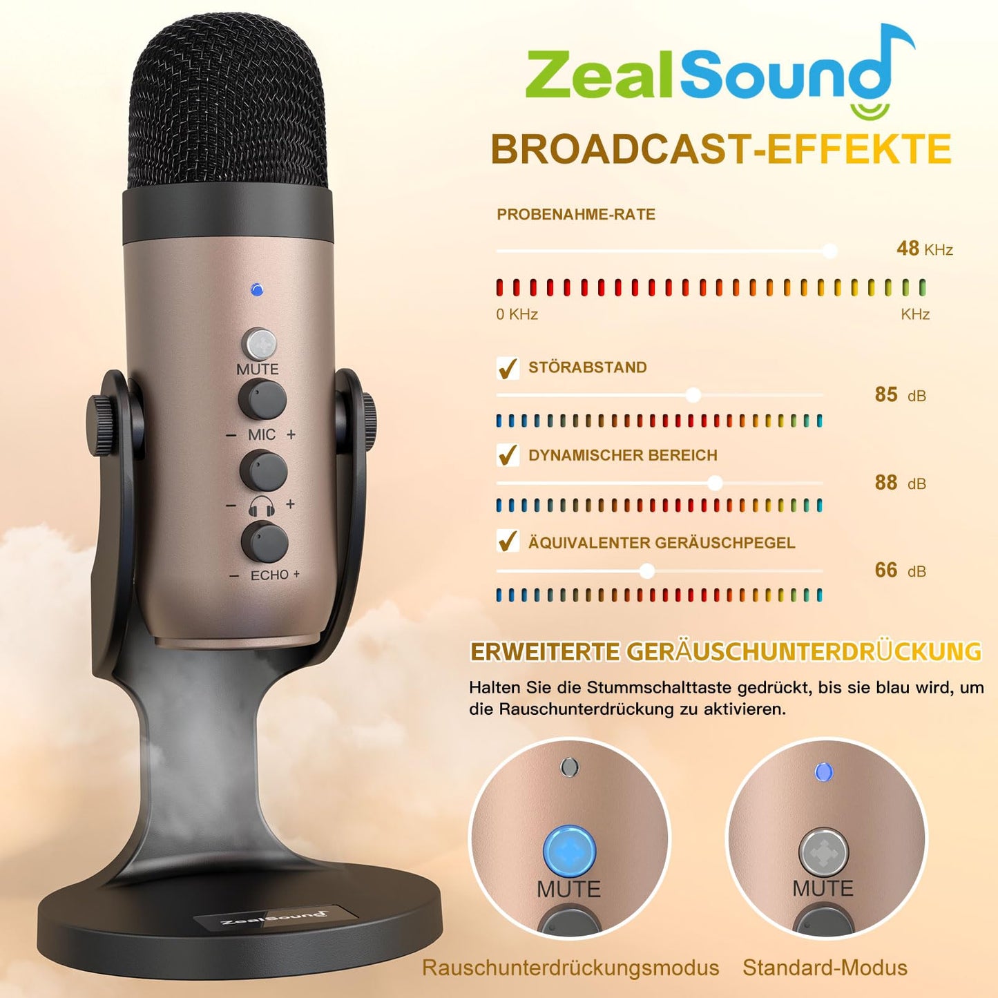 zealsound USB Mikrofon, Kondensator Mikrofon für PC Handy, PS4, PS5, Microphone PC USB C für Gaming, Podcast,Aufnahmen,Streaming,ASMR mit Stumm/Gain/Echo, Adapter für Phone,Kompatibel mit Mac, Winows