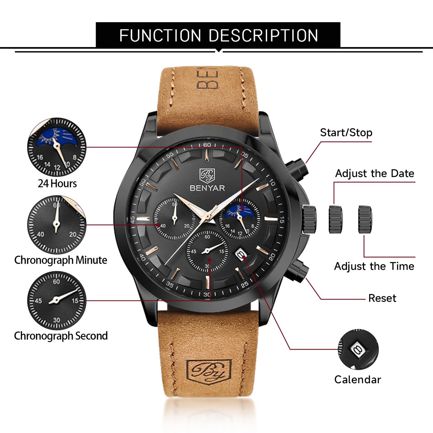 BY BENYAR Uhren Herren Chronograph Analog Quarz Wasserdicht Armbanduhr Herren Mode Lässig Business Herrenuhr mit Kalender Lederarmband/Edelstahlarmband Uhr Geschenk für Männer