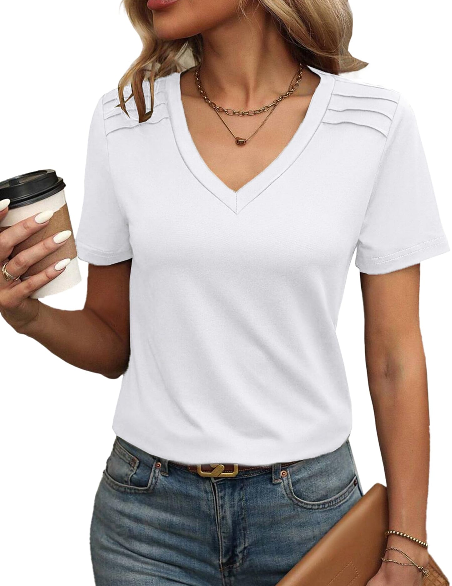 Zeagoo Women’s V-Neck Pleated T-Shirts