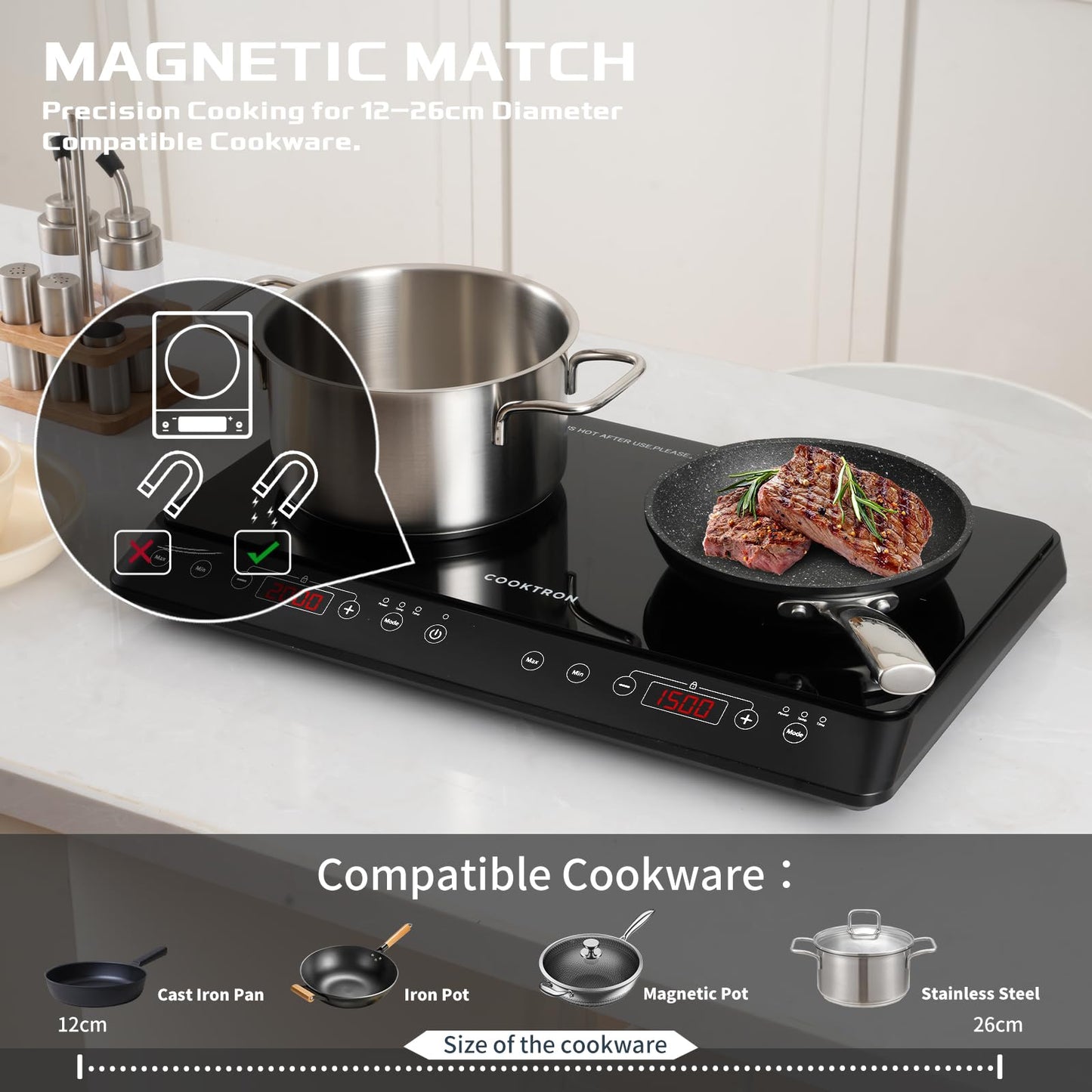 COOKTRON Induktionskochfeld 2 Platten Mobil, 3500W Doppel-Induktionskochplatte mit 6 Leistungsstufen, 10 Temperaturstufen, 3-Stunden-Timer, Touch-Steuerung, Ideal für Camping und Küche, Schwarz