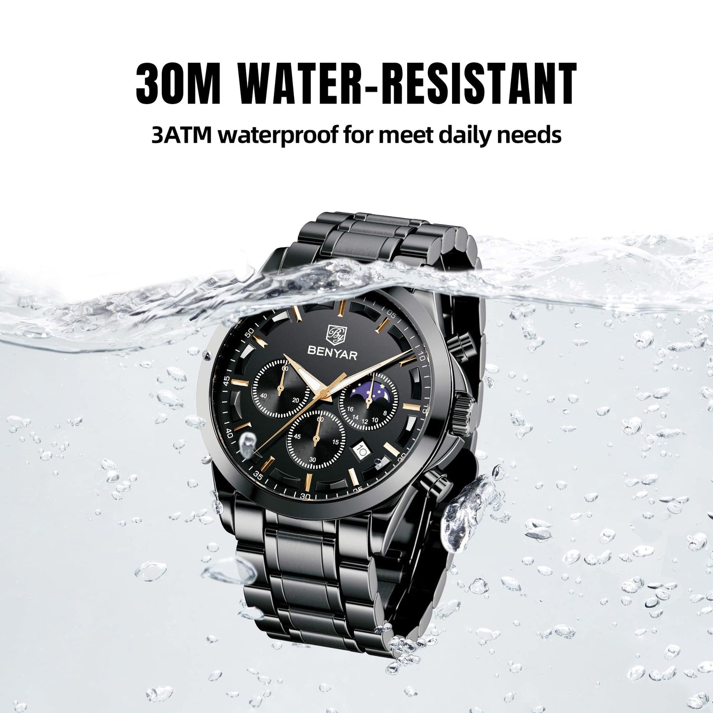 BY BENYAR Uhren Herren Chronograph Analog Quarz Wasserdicht Armbanduhr Herren Mode Lässig Business Herrenuhr mit Kalender Lederarmband/Edelstahlarmband Uhr Geschenk für Männer