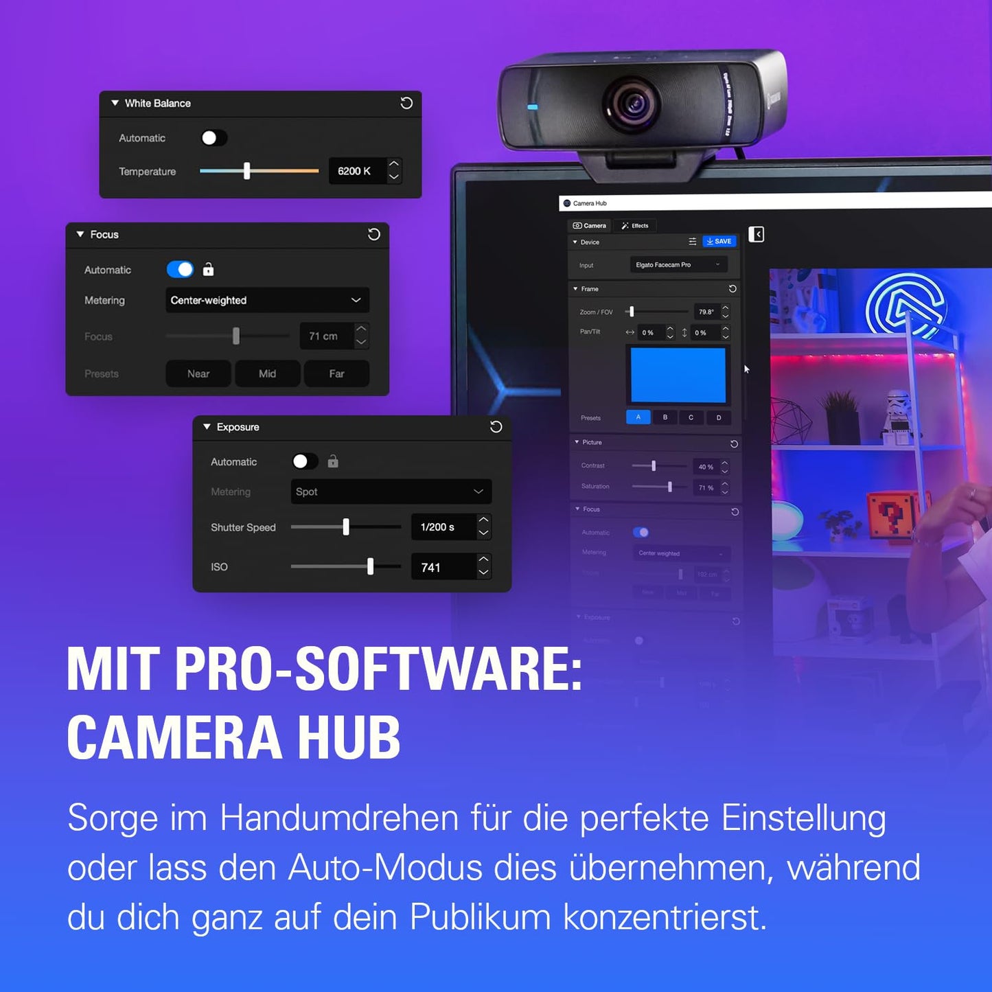 Elgato Facecam MK.2 – Erstklassige Full-HD-Webcam für Streaming, Gaming, Videokonferenzen, Aufnahme, HDR-fähig, Sony Sensor, Schwenken/Neigen/Zoomen – kompatibel mit OBS, Zoom, Teams etc., für PC/Mac