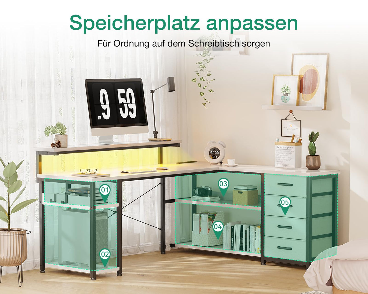 ODK Schreibtisch mit Schubladen, Reversible Eckschreibtisch mit 2 Steckdosen und 2 USB Ladeanschluss, Bürotisch L Form mit LED für Home Office 135×110cm (Schwarz)