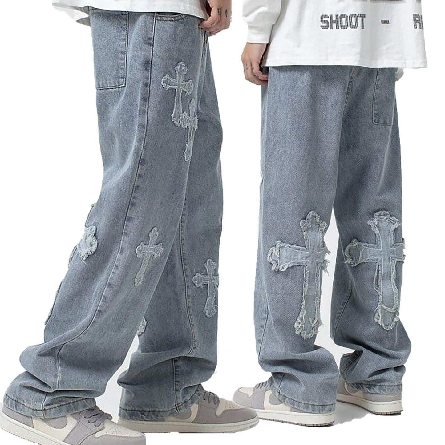 Y2K Vintage Effect Baggy Jeans for Men with Cross Print