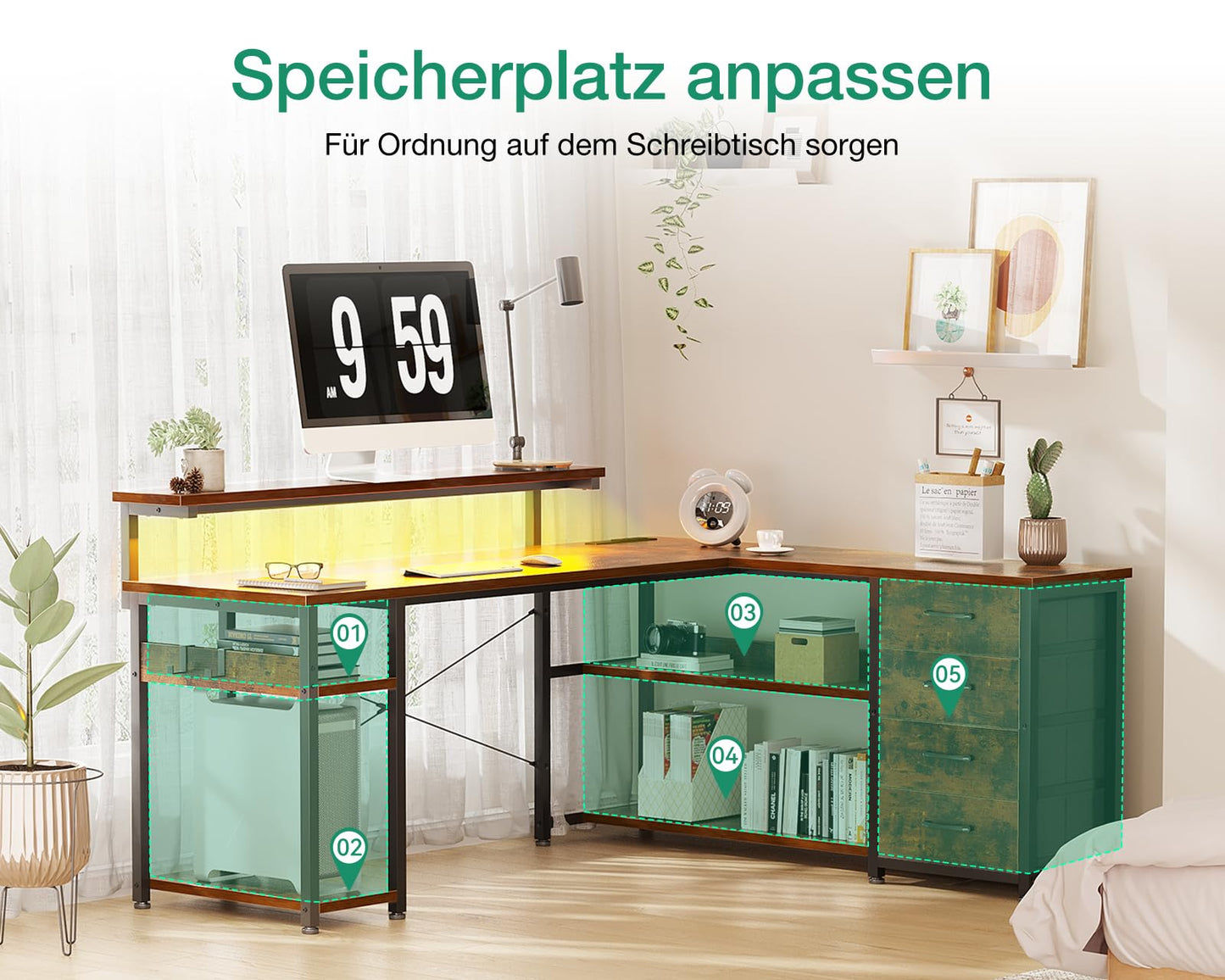 ODK Schreibtisch mit Schubladen, Reversible Eckschreibtisch mit 2 Steckdosen und 2 USB Ladeanschluss, Bürotisch L Form mit LED für Home Office 135×110cm (Schwarz)