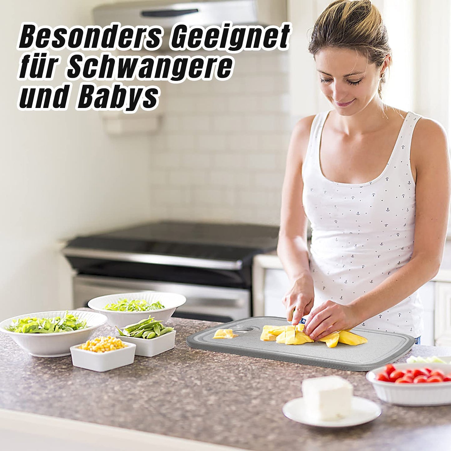 DIFULI Schneidebrett Set 3-teilig Granitoptik, 100% Rutschfeste Aufkleber und Saftkanal, BPA-Free, mit Griff Schneidebretter Kunststoff Antibakteriell, Küchenzubehör, Küchen Gadgets, Küchenhelfer