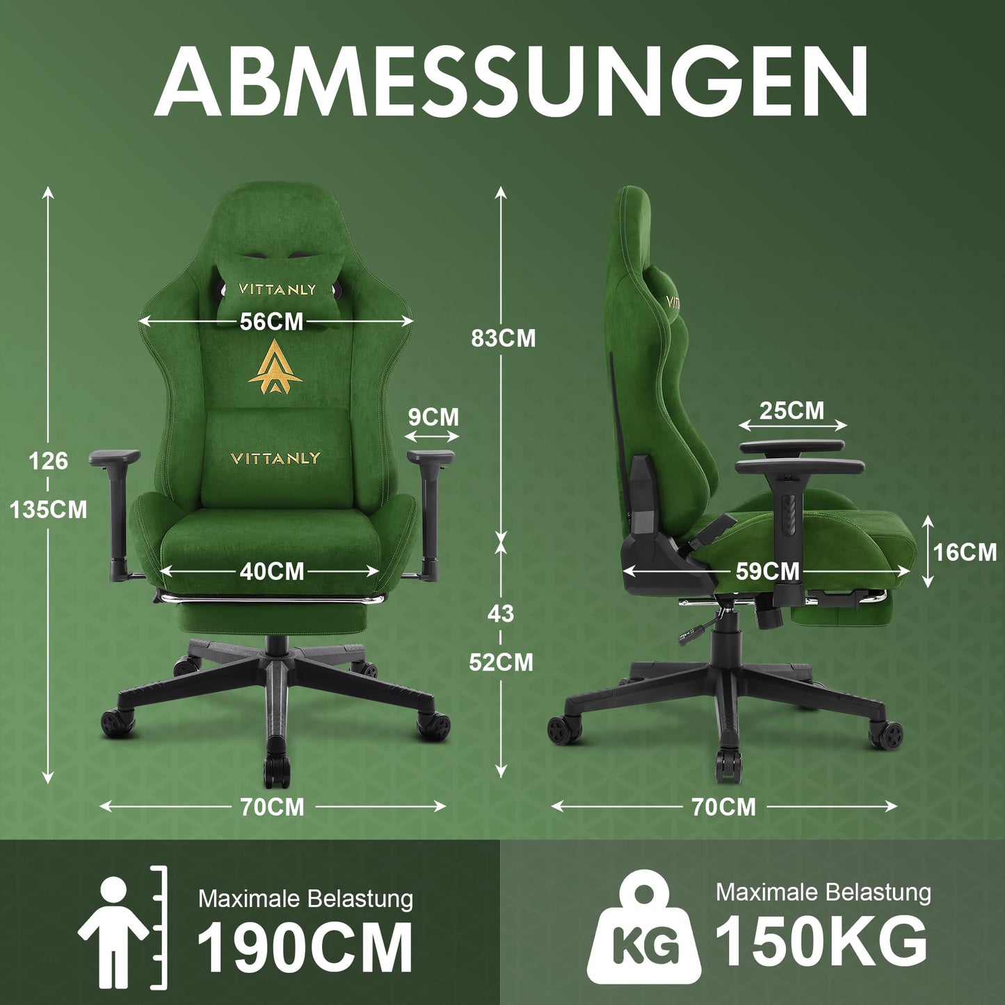 Vittanly Gaming Chair, Luxurious Breathable Imitation Suede Office Chair Gaming Chair, Ergonomic Gamer Chair with Footrest Headrest and Lumbar Cushion, 3D Armrests, 90-155° Backrest, Gray