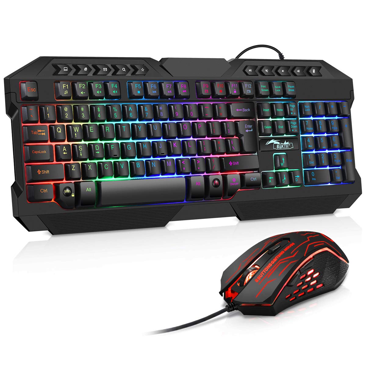 BAKTH Gaming Keyboard and Mouse Set, LED Backlight QWERTZ DE Layout, Rainbow Colors Illuminated USB Waterproof Keyboard and Mouse with 3600 DPI for Pro PC Gamer