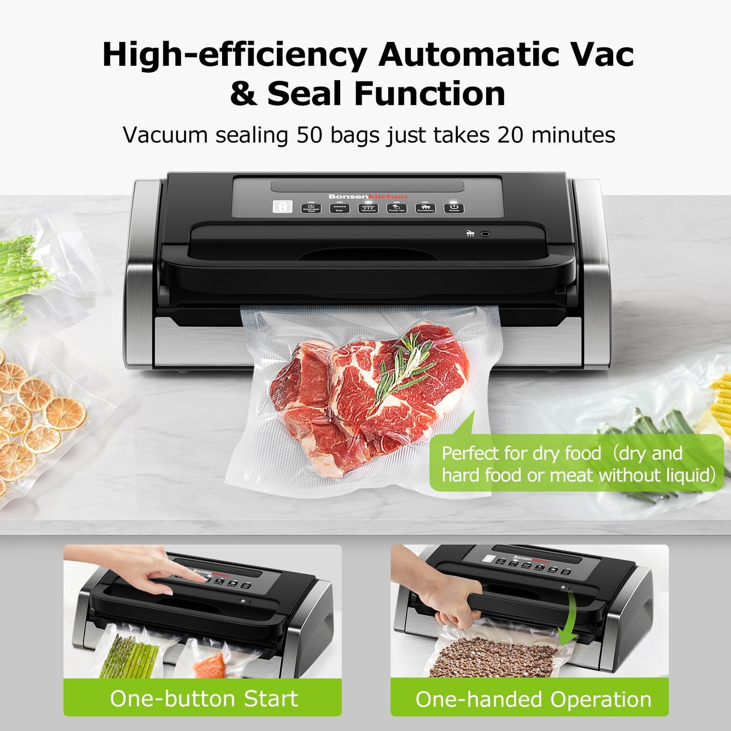 Bonsenkitchen Vakuumiergerät, Vakuumierer, Einschließlich 2 Rollen Vakuumrollen, Design mit Griffverriegelung, leistungsstarker geräuscharmer mit Globefish-Technologie, integrierter Schneider