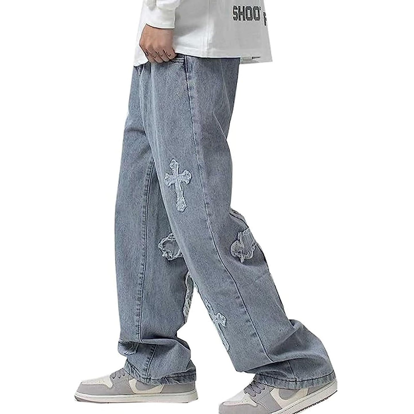 Y2K Vintage Effect Baggy Jeans for Men with Cross Print