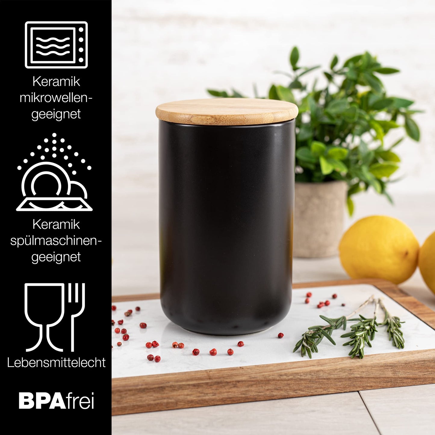 Moritz & Moritz 3x Vorratsdosen Schwarz 400ml, 600ml & 900 ml - Beschreibbar – 3x Keksdosen Keramik mit Deckel aus Bambus – Keramik Aufbewahrungsdose