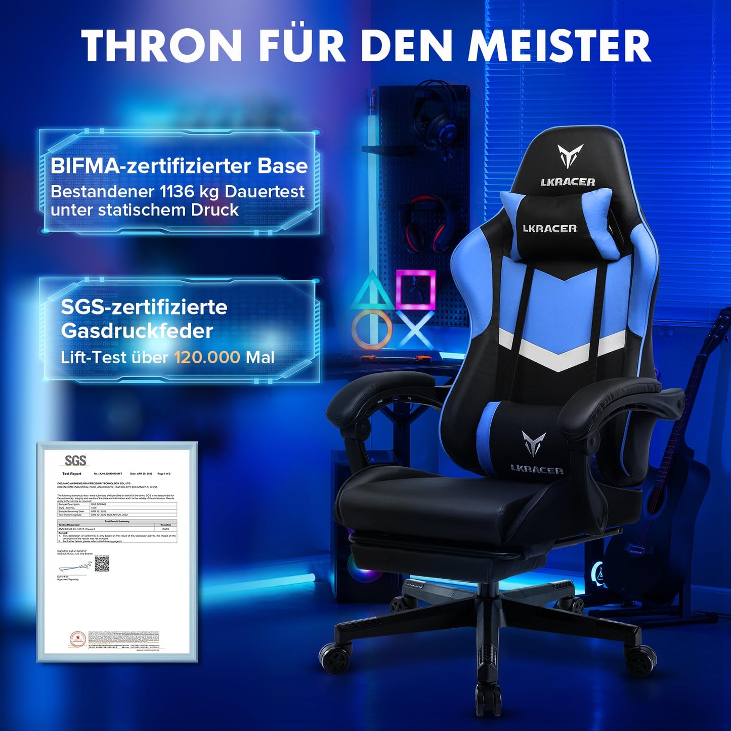 LUCKRACER Gaming Stuhl mit fußstütze Bürostuhl Ergonomisch mit verstellbare Lendenkissen, Kopfkissen Gaming Chair,Höhenverstellbarer Gamer Stuhl, 150 kg Belastbarkeit Grau