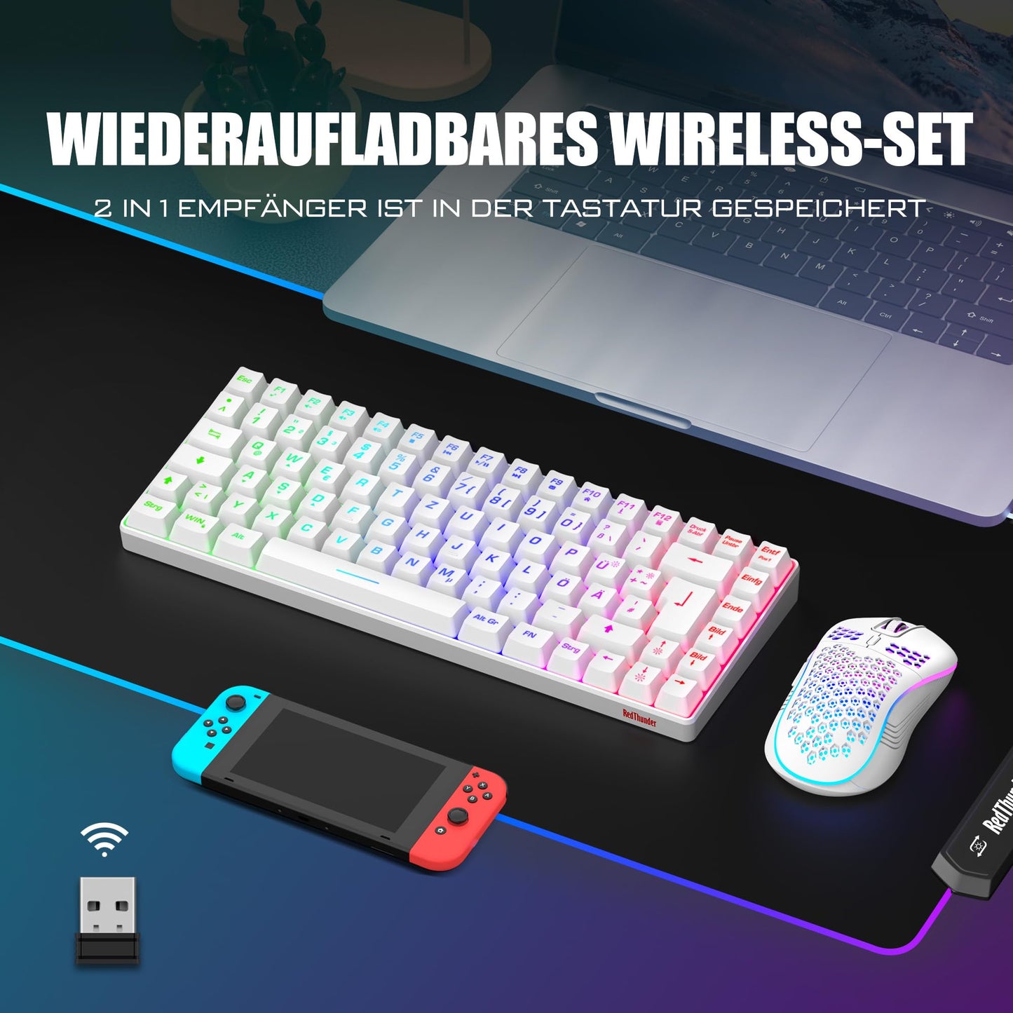 RedThunder 75% Kabelloses Gaming Tastatur und Maus Set, QWERTZ DE Layout, 85 Tasten TKL Wiederaufladbare Kompakte Tastatur, Ultraleichte 7200DPI-Maus mit Wabenkonstruktion für PC MAC PS5 Xbox Gamer