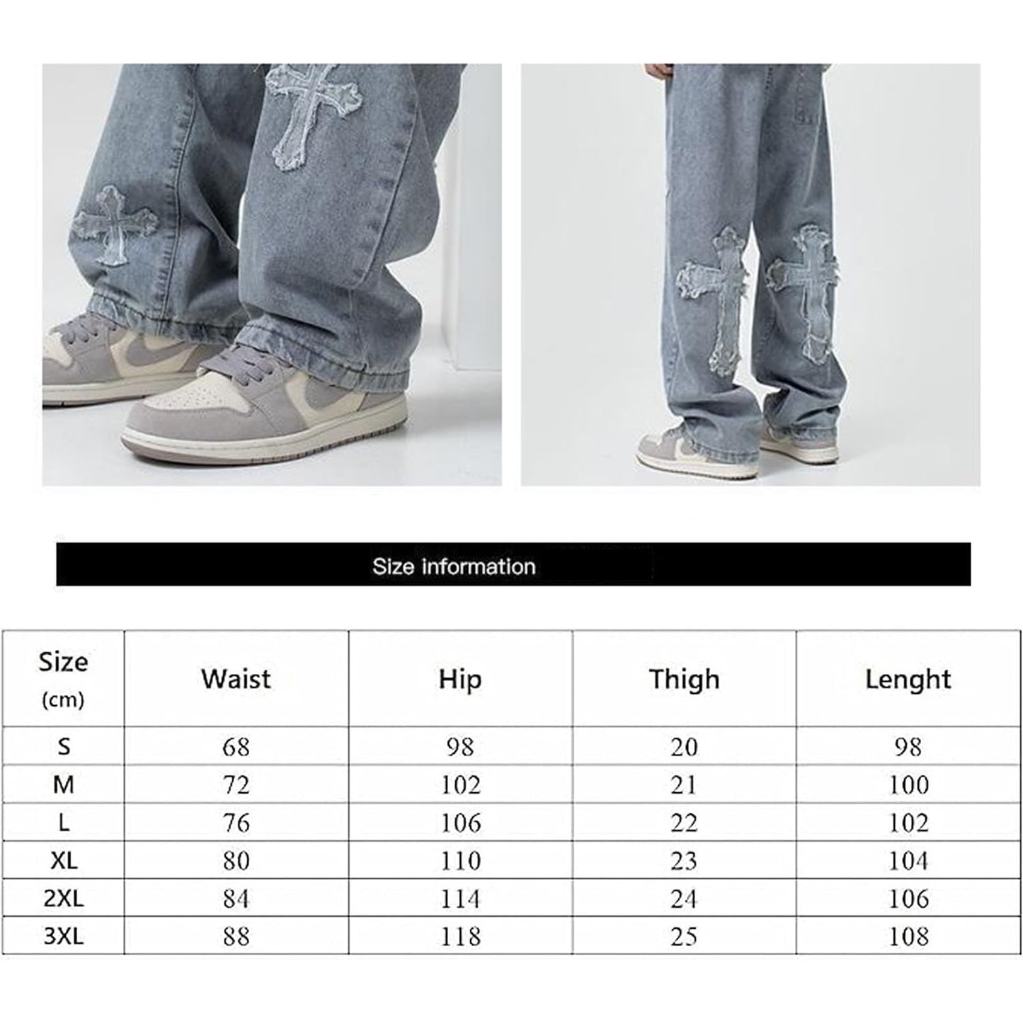 Y2K Vintage Effect Baggy Jeans for Men with Cross Print