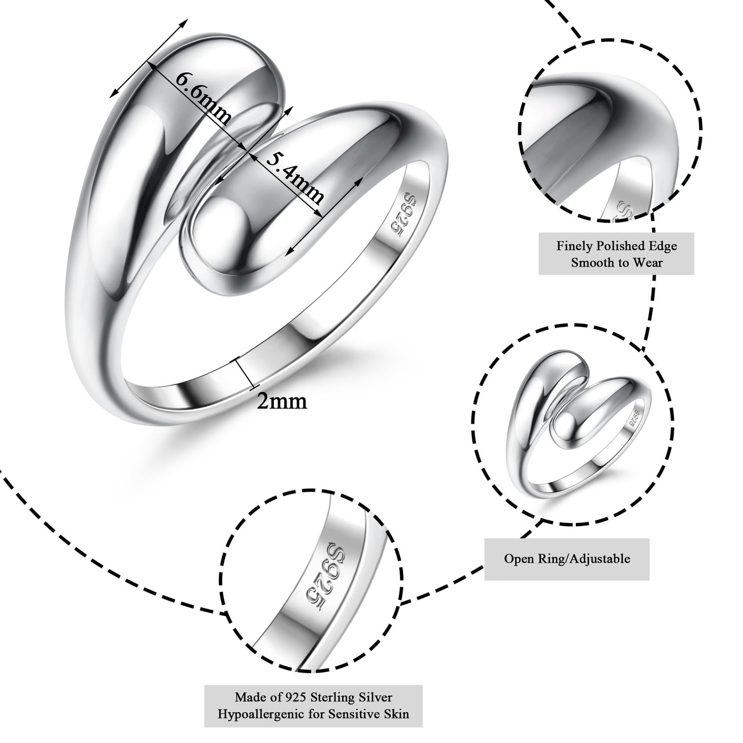 Diamday 925 Sterling Silver Adjustable Teardrop & Chunky Ring