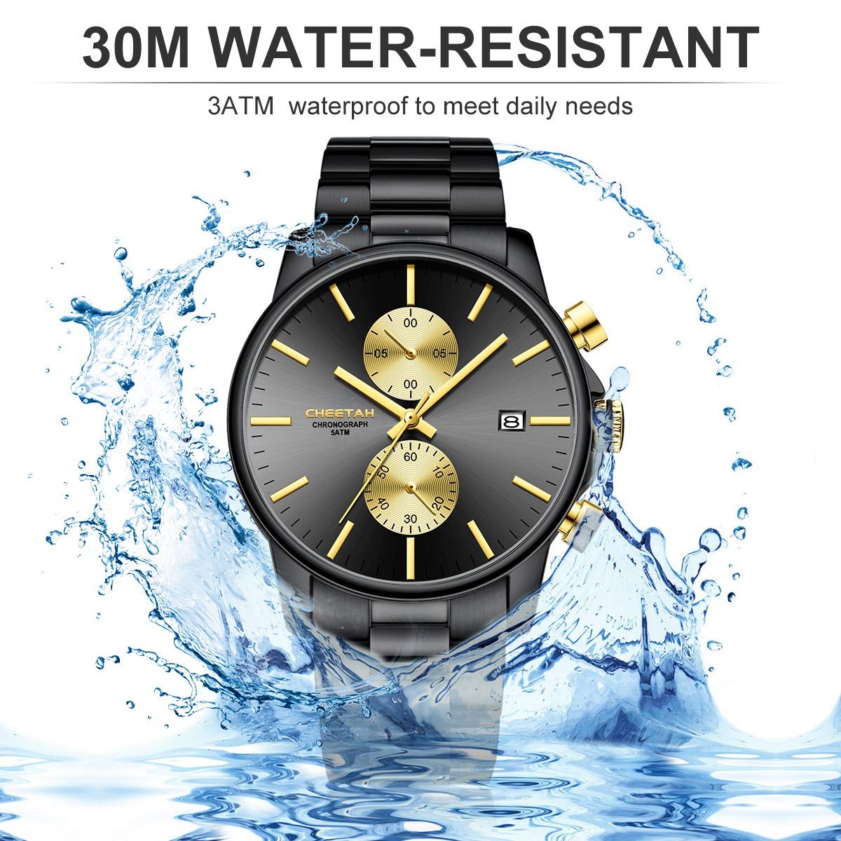 Herrenuhren mit lässiger wasserdichter Chronographen Quarzuhr aus Edelstahl und Metall, Auto Date in farbenfrohen Zeigern