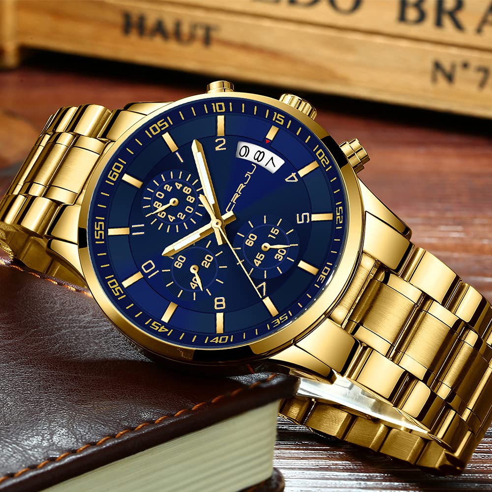 CRRJU Herren Uhr Business Edelstahl wasserdichte Chronographen mit Kalender Armbanduhr Edelstahlband Stoppuhr Analog Quarzuhr