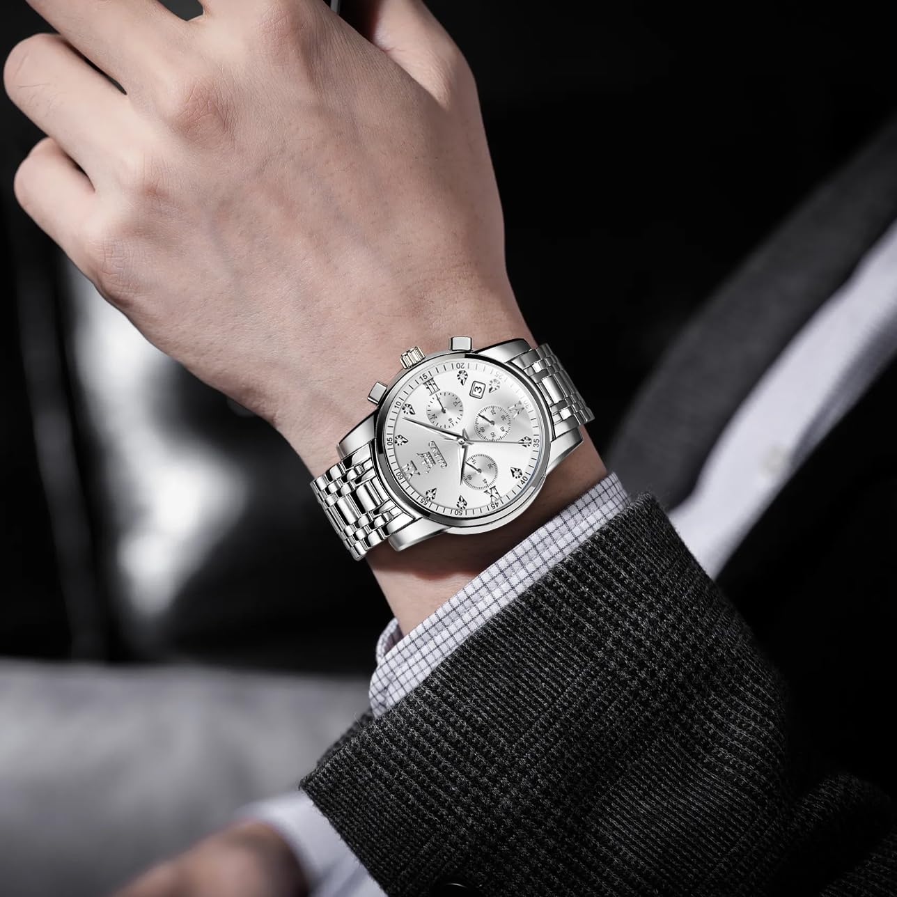OLEVS Uhren Herren, Edelstahl Analoger Quarzuhr, Multifunktionale Diamanten Herrenuhren, Klassisches Luxuskleid Herrenuhr