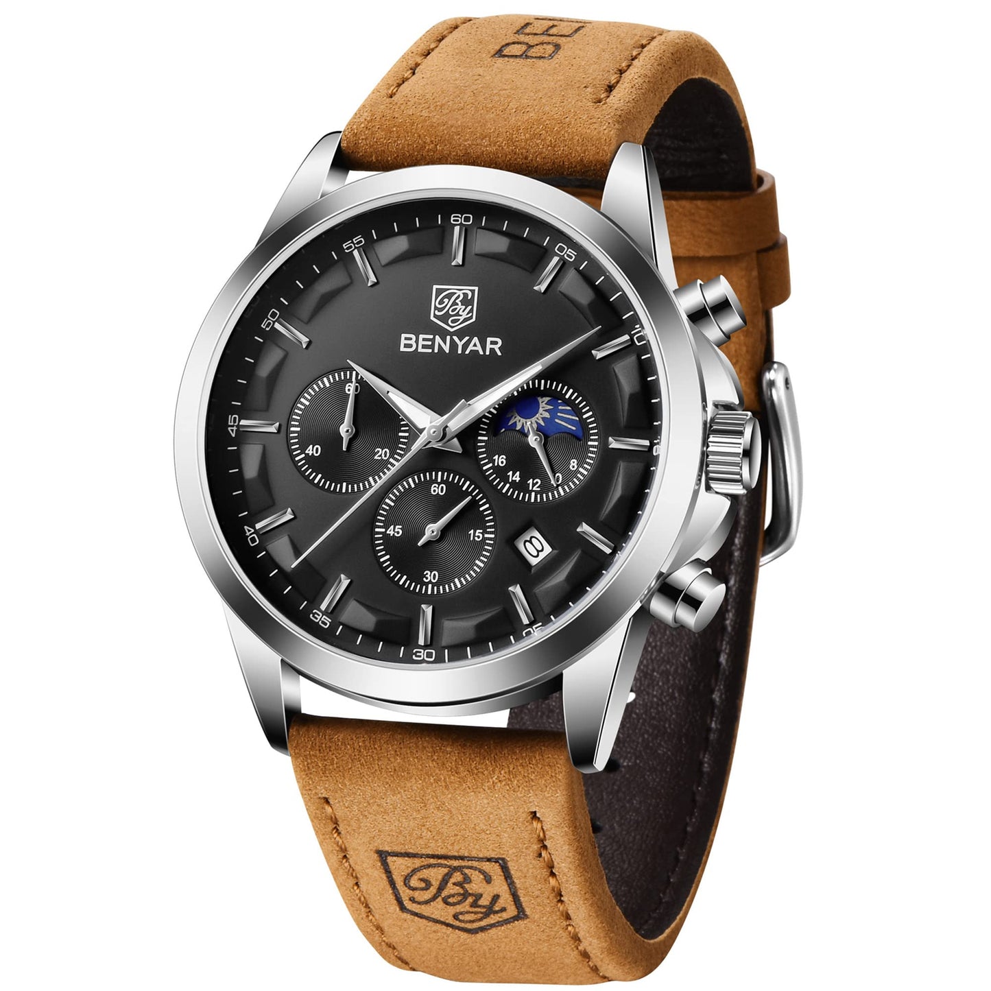 BY BENYAR Uhren Herren Chronograph Analog Quarz Wasserdicht Armbanduhr Herren Mode Lässig Business Herrenuhr mit Kalender Lederarmband/Edelstahlarmband Uhr Geschenk für Männer