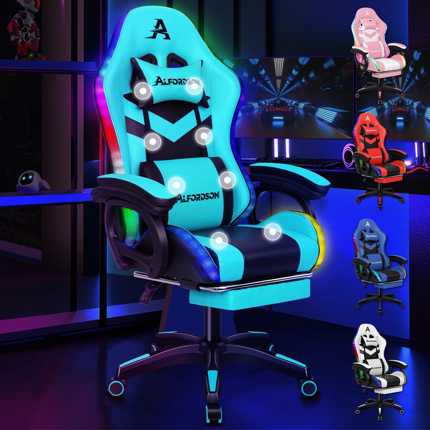 ALFORDSON Gaming Stuhl mit 8-Punkt Massage 12 Farben RGB LED-Licht, Bürostuhl Ergonomisch mit fußstützen, Kopfstütze Lendenkissen für Kinder Erwachsene, Schwarz