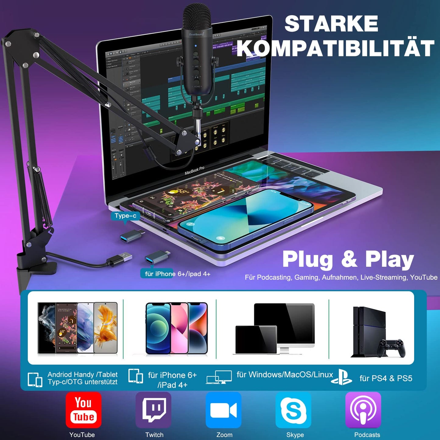 zealsound USB Mikrofon, Kondensator Mikrofon für PC Handy, PS4, PS5, Microphone PC USB C für Gaming, Podcast,Aufnahmen,Streaming,ASMR mit Stumm/Gain/Echo, Adapter für Phone,Kompatibel mit Mac, Winows