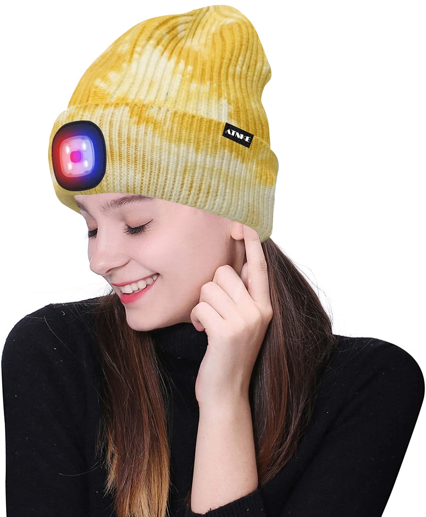 ATNKE LED Beleuchtete Mütze,Wiederaufladbare USB 4 LED Rot und Blau Leuchten Blinkender Laufmütze mit Licht Extrem Heller Lampe Winter Warme für Herren und Damen Geschenke