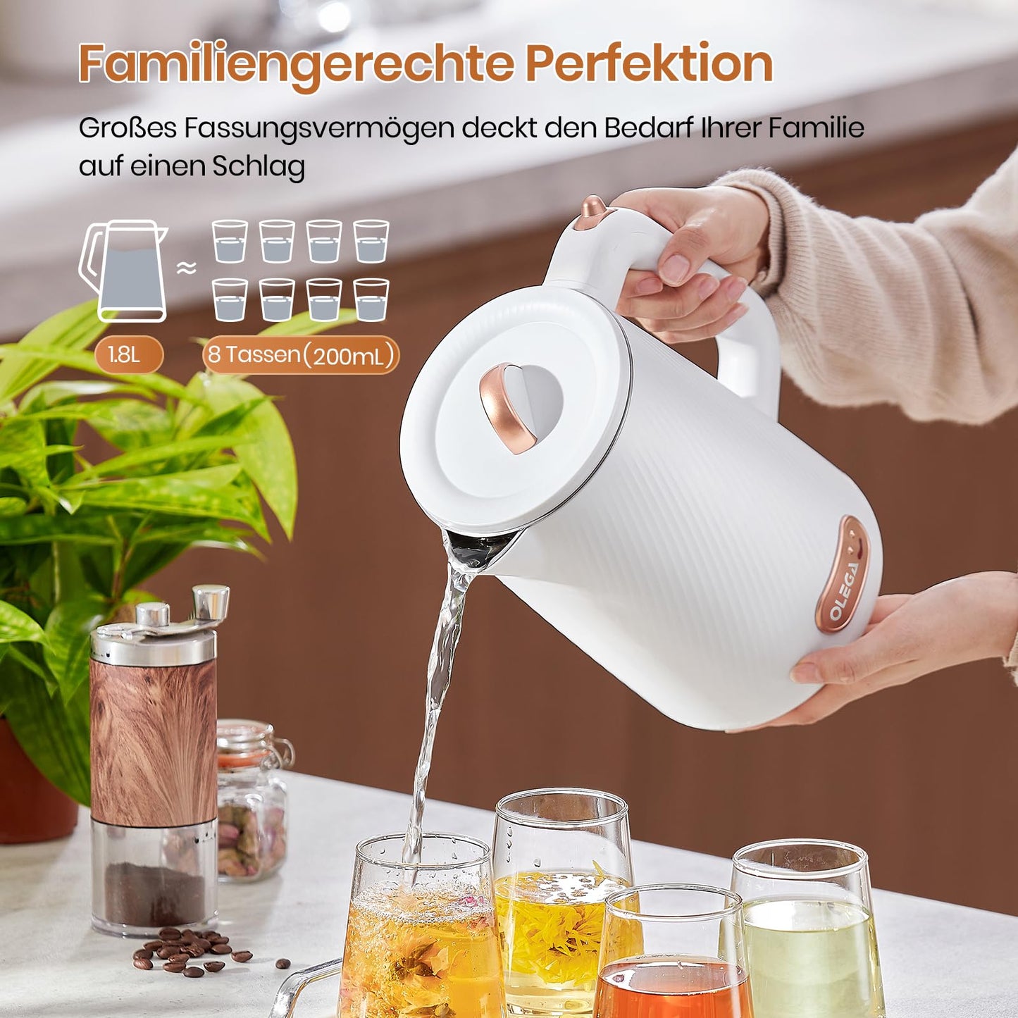 OLEGA Wasserkocher - 1800W Schnellaufheizender Elektrischer Teekessel BPA-freier 304 Edelstahl Elektrischer Wasserkocher mit Automatischer Abschaltung und Trockengehschutz Perfekt für die Familie 1.8L