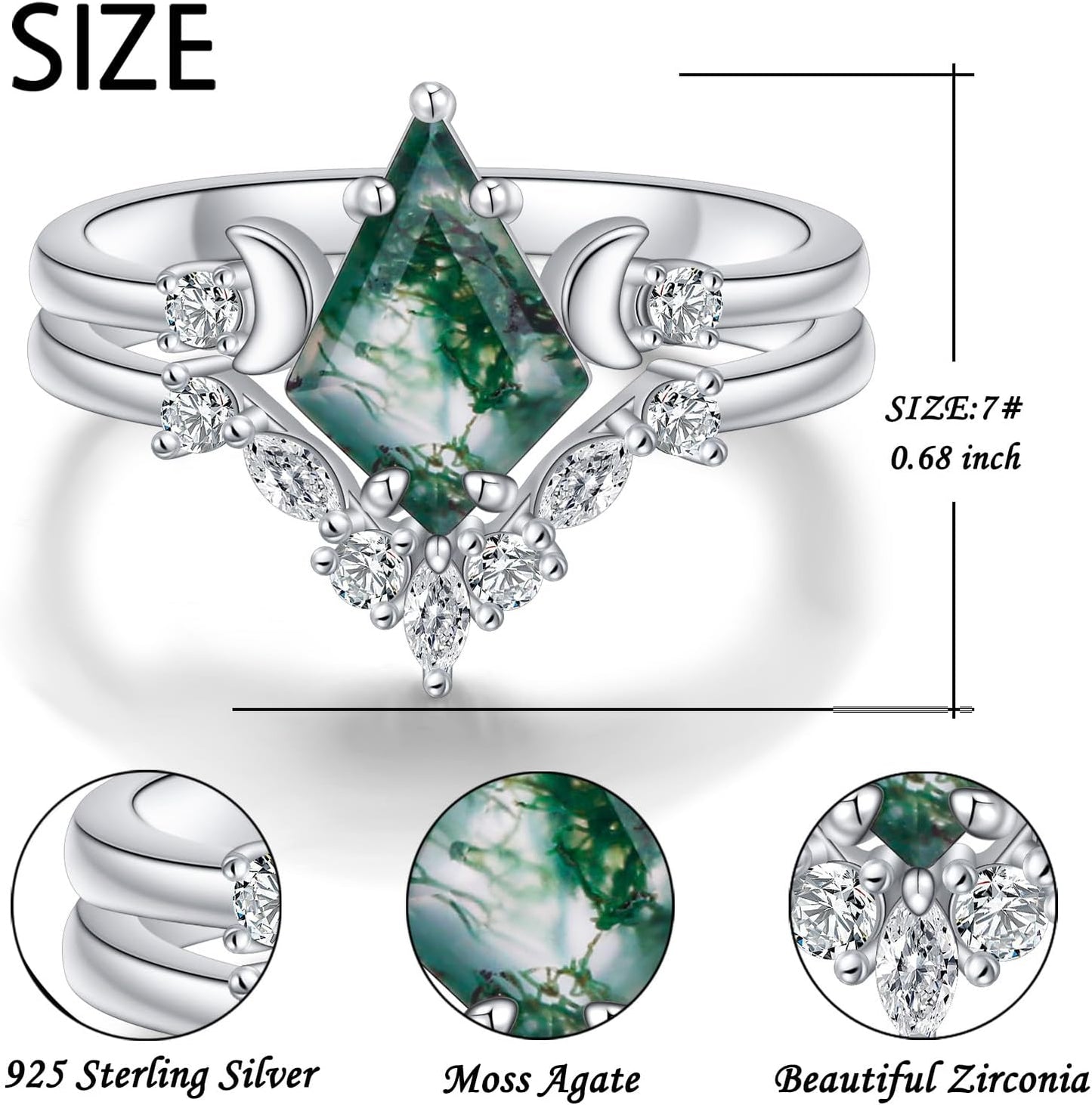 Natural Moss Agate Moon Ring Set