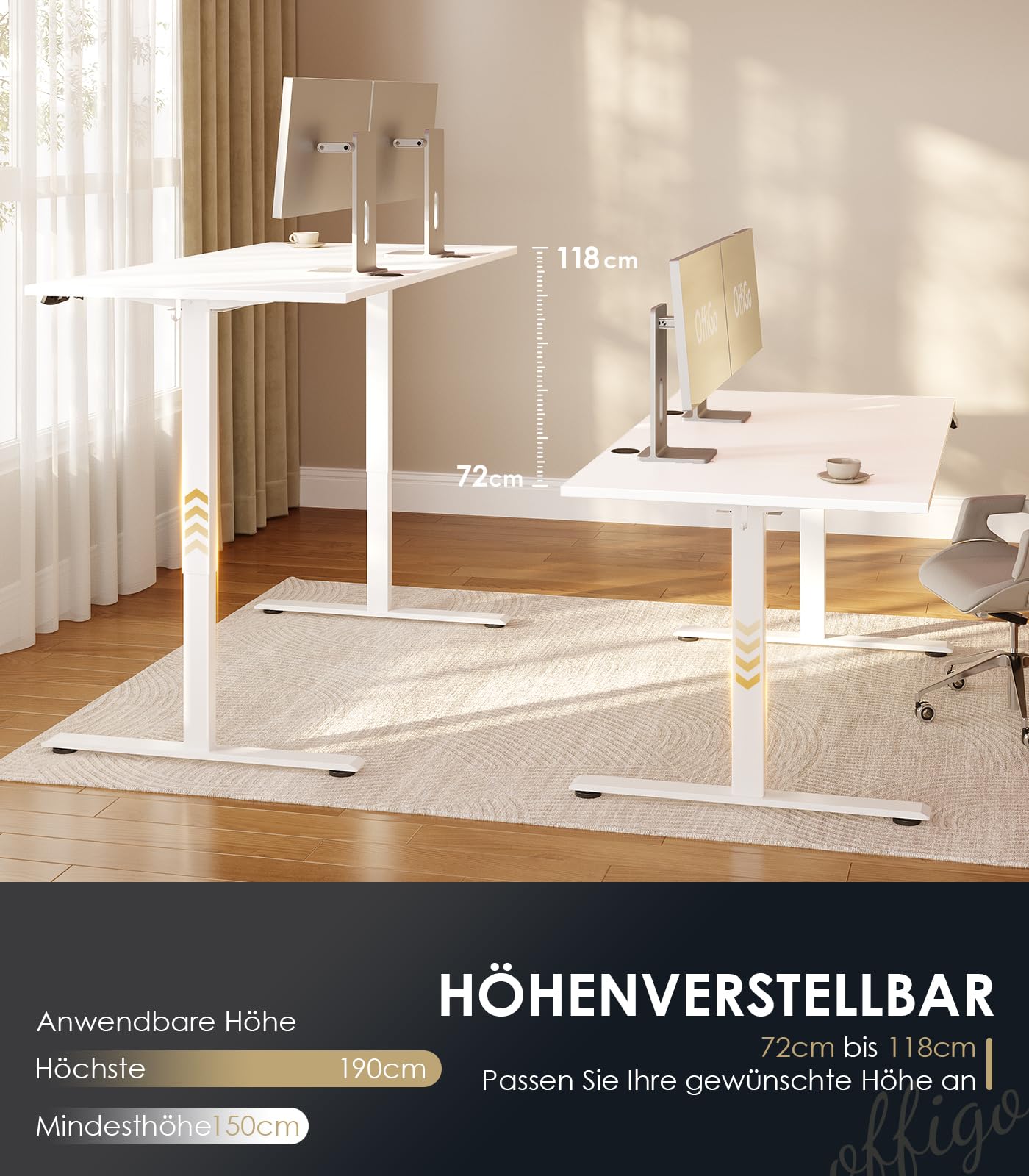 OffiGo Höhenverstellbarer Schreibtisch, 120 cm Elektrischer Schreibtisch, Ergonomischer Tisch mit Memory-Funktion, Gaming Tisch Höhenverstellbar, Moderner Computertisch für Zuhause und Büro, Weiß