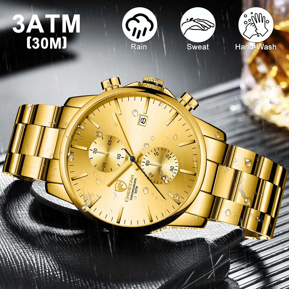 Herrenuhren mit lässiger wasserdichter Chronographen Quarzuhr aus Edelstahl und Metall, Auto Date in farbenfrohen Zeigern