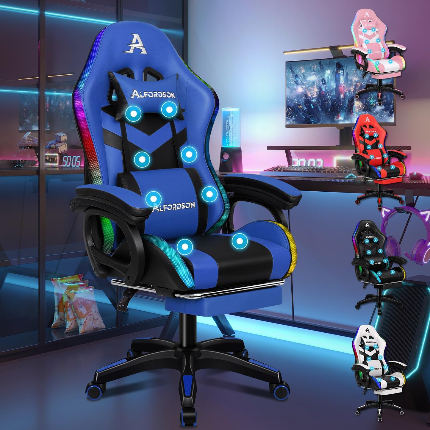 ALFORDSON Gaming Stuhl mit 8-Punkt Massage 12 Farben RGB LED-Licht, Bürostuhl Ergonomisch mit fußstützen, Kopfstütze Lendenkissen für Kinder Erwachsene, Schwarz