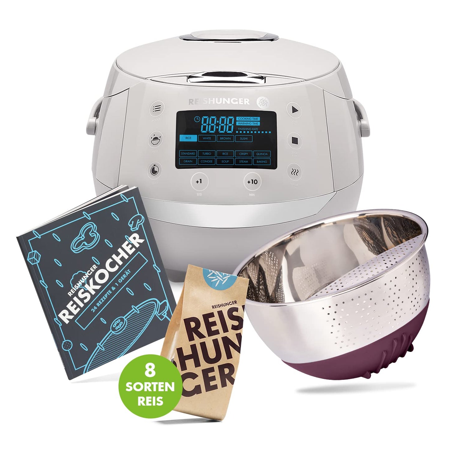 REISHUNGER Digitaler Reiskocher & Dampfgarer Grau | 1,5 L bis 8 Personen | Warmhaltefunktion, Timer & Premium Innentopf | Multikocher, 12 Programme, 7-Phasen-Technologie